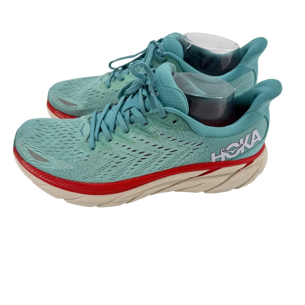 Hoka Clifton 8 Women 10.5B Teal‎ Red Running Shoes Good 1119394 AEBL Sneakers